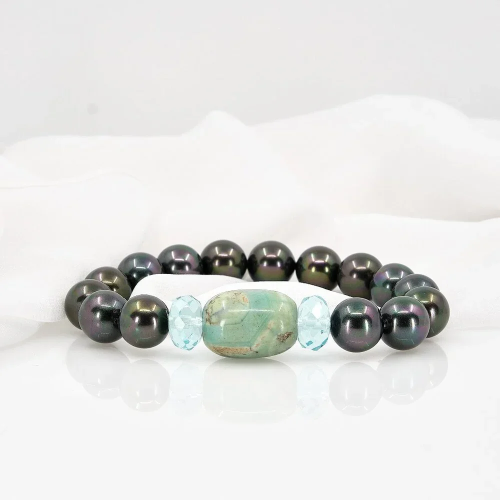 Pearl Bracelet w/Dragon Skin Agate & Aquamarine, Everyday Quiet Luxury Gift